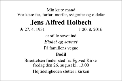 Dødsannoncen for Jens Alfred Holbech - Egtved