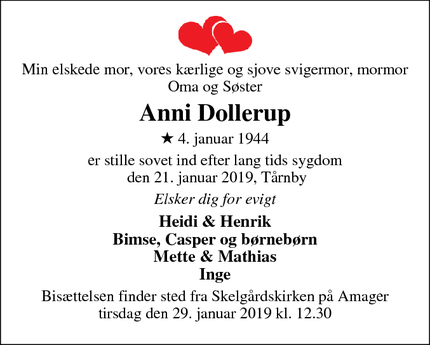 Dødsannoncen for Anni Dollerup - Vejle