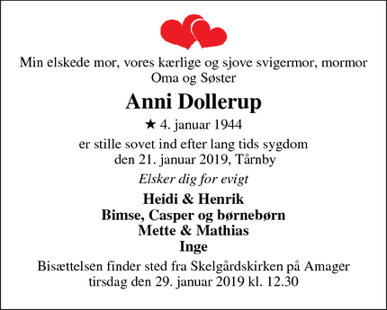 Dødsannoncen for Anni Dollerup - Vejle