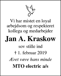 Dødsannoncen for Jan A. Kraskow  - Vejle