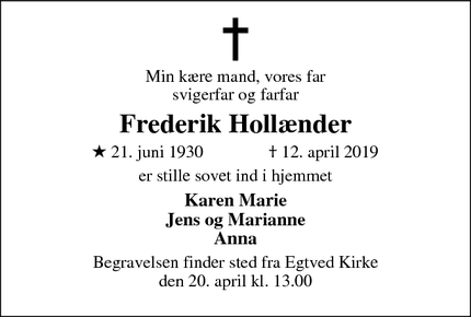 Dødsannoncen for Frederik Hollænder - Egtved
