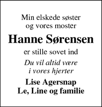 Dødsannoncen for Hanne Sørensen - Vejle