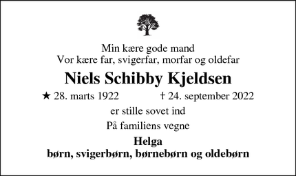 Dødsannoncen for Niels Schibby Kjeldsen - Nordborg