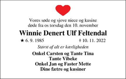 Dødsannoncen for Winnie Denert Ulf Feltendal - Vejle