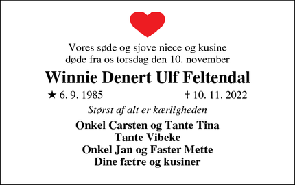 Dødsannoncen for Winnie Denert Ulf Feltendal - Vejle