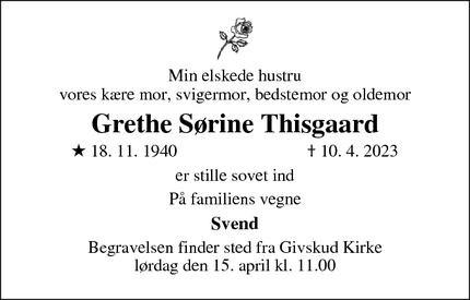 Dødsannoncen for Grethe Sørine Thisgaard - Riis, 7323 Give