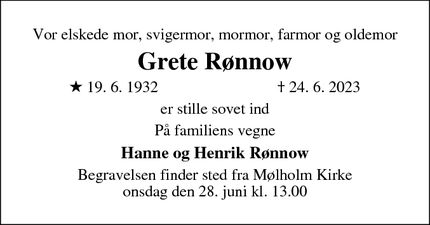 Dødsannoncen for Grete Rønnow - Vejle