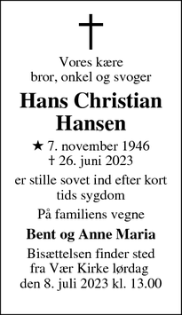 Dødsannoncen for Hans Christian
Hansen - Kolding