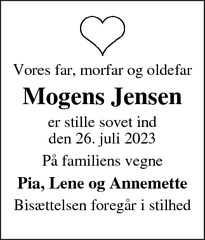 Dødsannoncen for Mogens Jensen - Hovedgård
