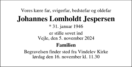 Dødsannoncen for Johannes Lomholdt Jespersen - Bredsten