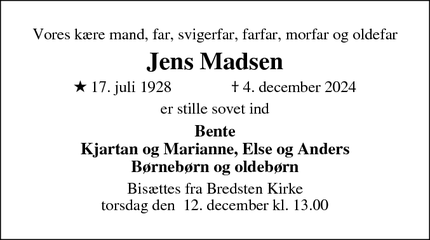 Dødsannoncen for Jens Madsen - Bredsten