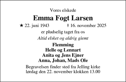 Dødsannoncen for Emma Fogt Larsen - Jelling 