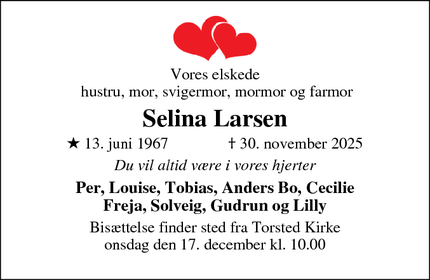 Dødsannoncen for Selina Larsen - Horsens