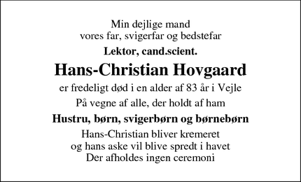 Dødsannoncen for Hans-Christian Hovgaard - Vejle