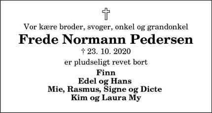 Dødsannoncen for Frede Normann Pedersen - Lendum