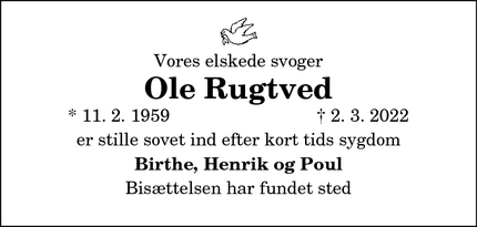 Dødsannoncen for Ole Rugtved - Løgumkloster