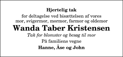 Taksigelsen for Wanda Taber Kristensen - Hjørring