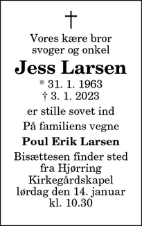 Dødsannoncen for Jess Larsen - Hjørring