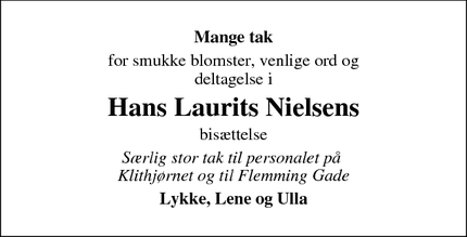 Taksigelsen for Hans Laurits Nielsens - Hvide Sande