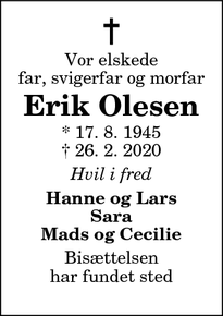 Dødsannoncen for Erik Olesen - Ålestrup