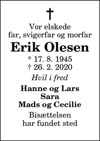 Dødsannoncen for Erik Olesen - Ålestrup