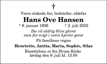 Dødsannoncen for Hans Ove Hansen - Aalestrup