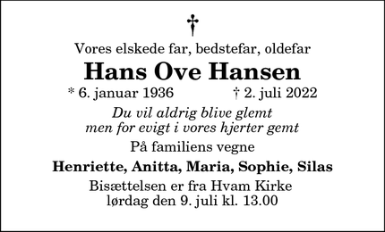 Dødsannoncen for Hans Ove Hansen - Aalestrup
