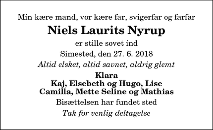 Dødsannoncen for Niels Laurits Nyrup - Ålestrup