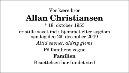 Dødsannoncen for Allan Christiansen - Løgstør