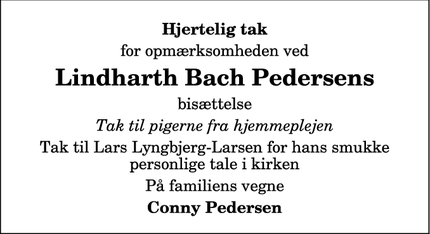 Dødsannoncen for Lindharth Bach Pedersens - Løgstør