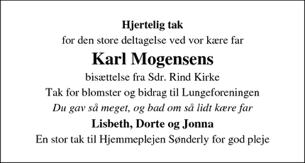 Taksigelsen for Karl Mogensens - Sdr. Rind, Viborg