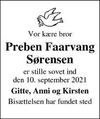 Dødsannoncen for Preben Faarvang
Sørensen - Viborg