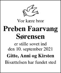 Dødsannoncen for Preben Faarvang
Sørensen - Viborg