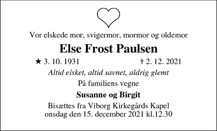 Dødsannoncen for Else Frost Paulsen - Viborg