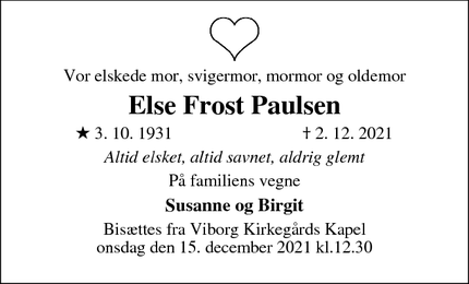 Dødsannoncen for Else Frost Paulsen - Viborg