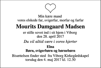 Dødsannoncen for Mourits Damgaard Madsen - Viborg