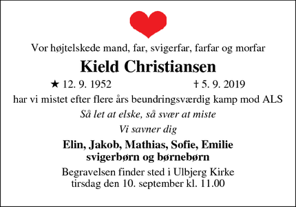 Dødsannoncen for Kield Christiansen - Store Torup, Ulbjerg.