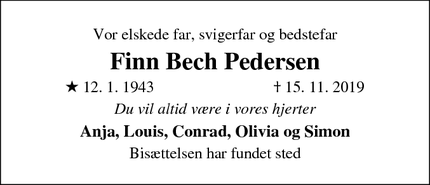 Dødsannoncen for Finn Bech Pedersen - Viborg