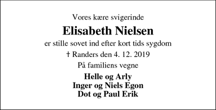 Dødsannoncen for Elisabeth Nielsen - Randers