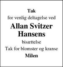 Taksigelsen for Allan Svitzer
Hansens - Utterslev