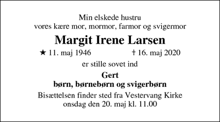 Dødsannoncen for Margit Irene Larsen - Viborg