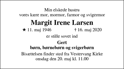Dødsannoncen for Margit Irene Larsen - Viborg
