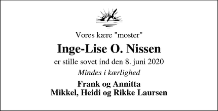 Dødsannoncen for Inge-Lise O. Nissen - Viborg