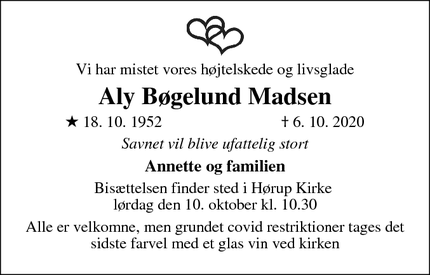 Dødsannoncen for Aly Bøgelund Madsen - Kjellerup