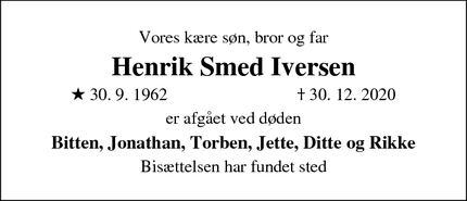 Dødsannoncen for Henrik Smed Iversen - Grenå