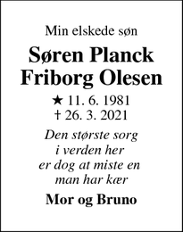 Dødsannoncen for Søren Planck Friborg Olesen - Viborg