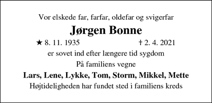 Dødsannoncen for Jørgen Bonne - Tjele