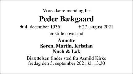 Dødsannoncen for Peder Bækgaard - Viborg