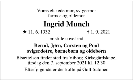 Dødsannoncen for Ingrid Munch - Tjele