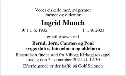 Dødsannoncen for Ingrid Munch - Tjele